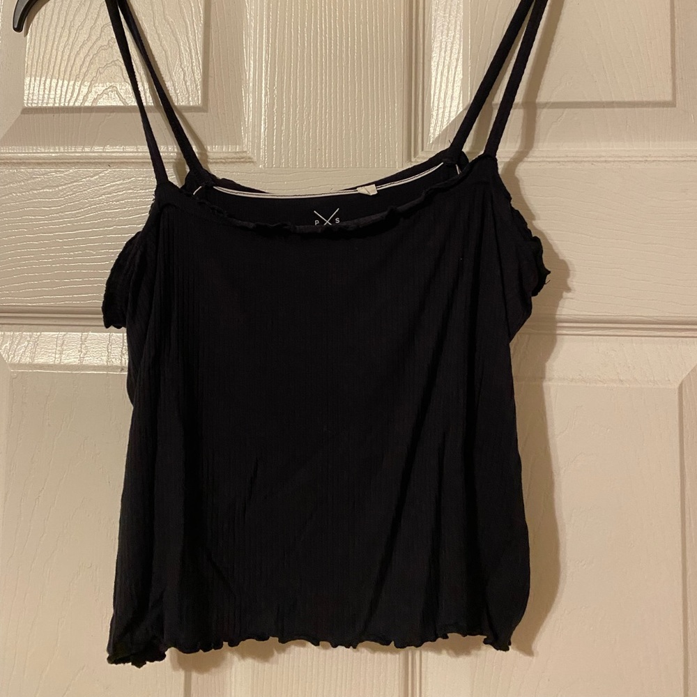 Black tank with ruffles on top and bottom